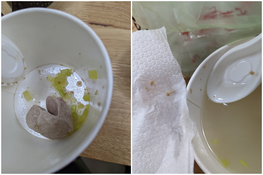 一名男網友用外送平台點餐，送來的貢丸湯吃到剩一顆，才發現碗底「全部都是蛆」。（翻攝自臉書社團「爆料公社公開版」）