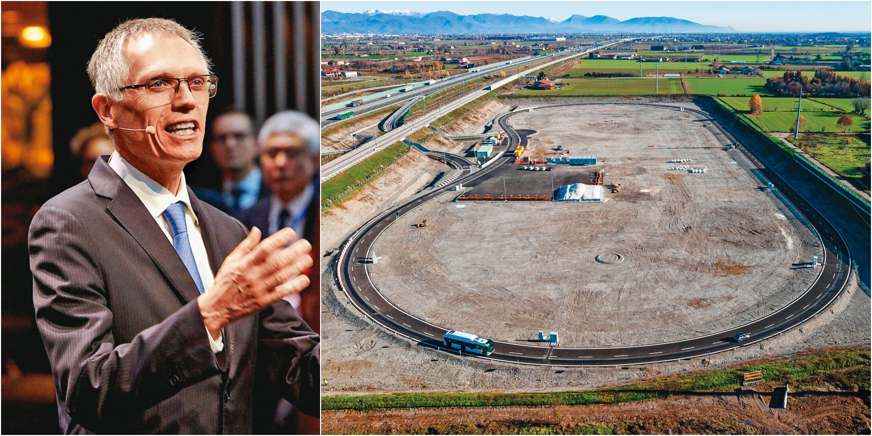 全球第4大車廠Stellantis在義大利建置的無線充電公路（右圖），現已進入第三階段測試。左圖為Stellantis集團執行長Carlos Tavares。（STELLANTIS提供／翻攝維基百科）