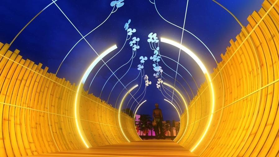 禹禹藝術工作室的作品《身風》,在護城河河道上構築出美麗竹廊。(都市藝術工作室提供)