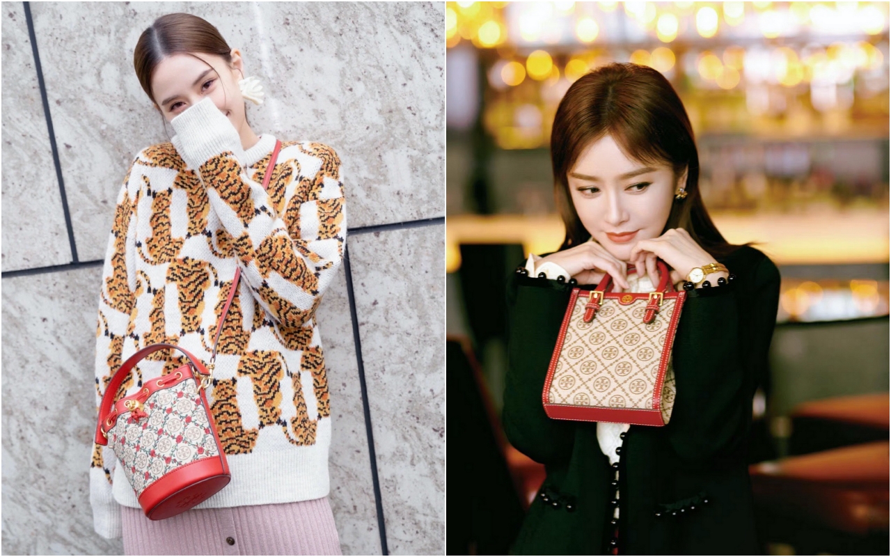 何超蓮（左起）的T Monogram圖騰水桶包NT$21,900、秦嵐的胭脂紅T Monogram直式迷你托特包NT$18,900。（俊思提供）