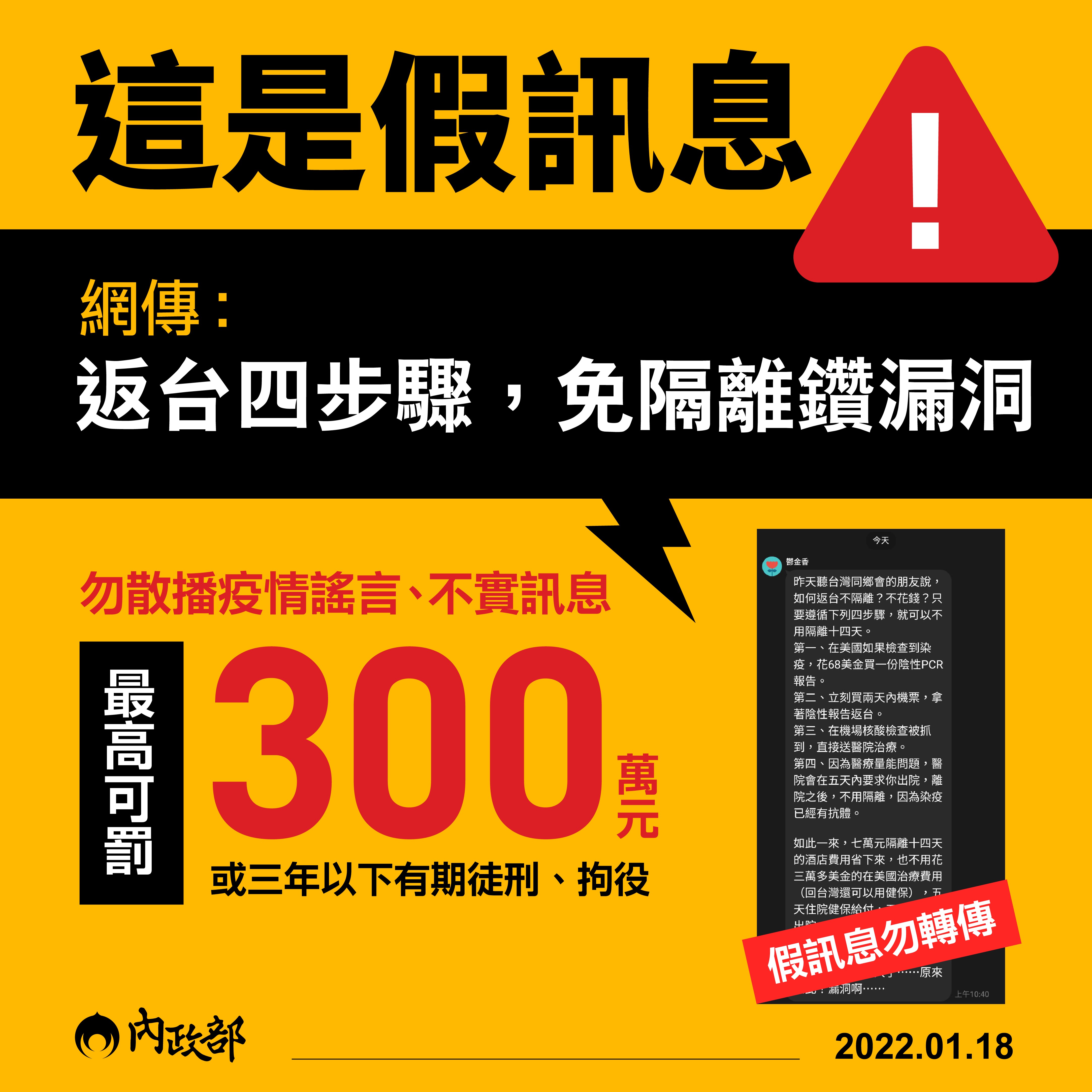 網傳「返台4步驟,免隔離鑽漏洞」是假訊息,散播疫情謠言、不實訊息最高可罰300萬元。(內政部提供)
