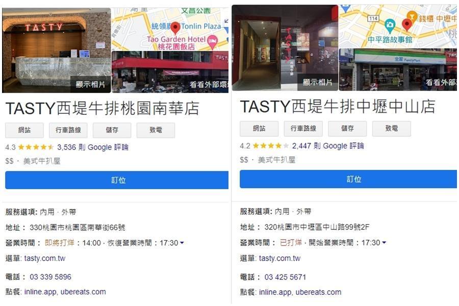 在Google搜尋桃園西堤會出現的是西堤牛排桃園南華店,而群聚感染發生的西堤餐廳,則是中壢中山店。(翻攝自google網頁)