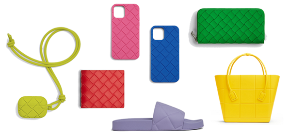BV以鮮豔色彩、再生橡膠材質，再現經典的方形編織紋路。（BOTTEGA VENETA提供）