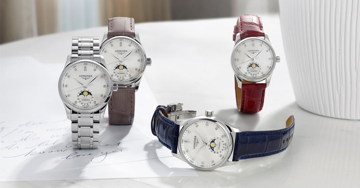 Longines 浪琴表 Master 巨擘系列珍珠母貝面盤月相女士腕錶 可選擇搭配紅色、藍色、褐灰色的皮革錶帶。