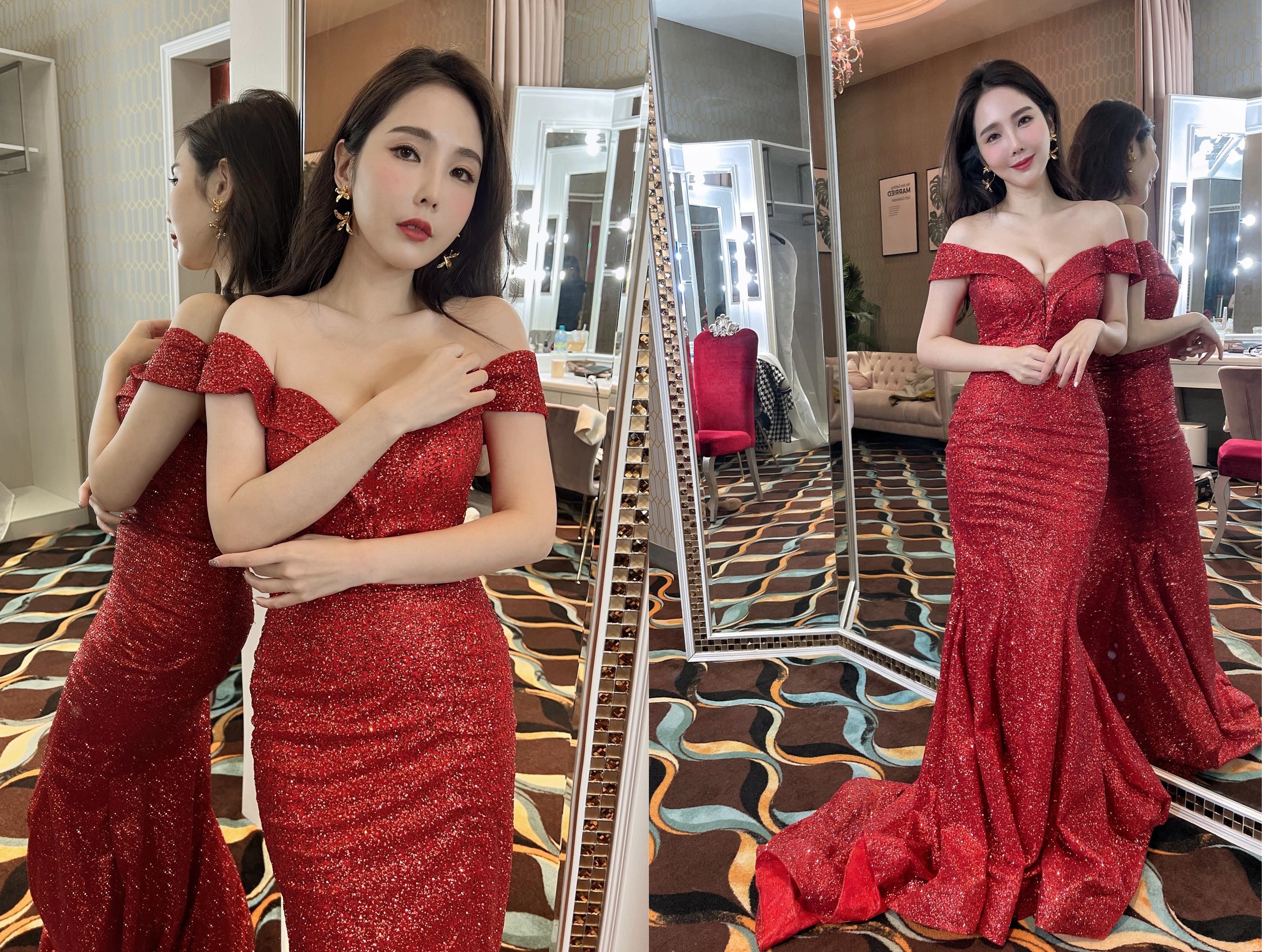 朱琦郁身穿紅色小禮服主持尾牙，將好身材展露無遺。（朱琦郁提供）
