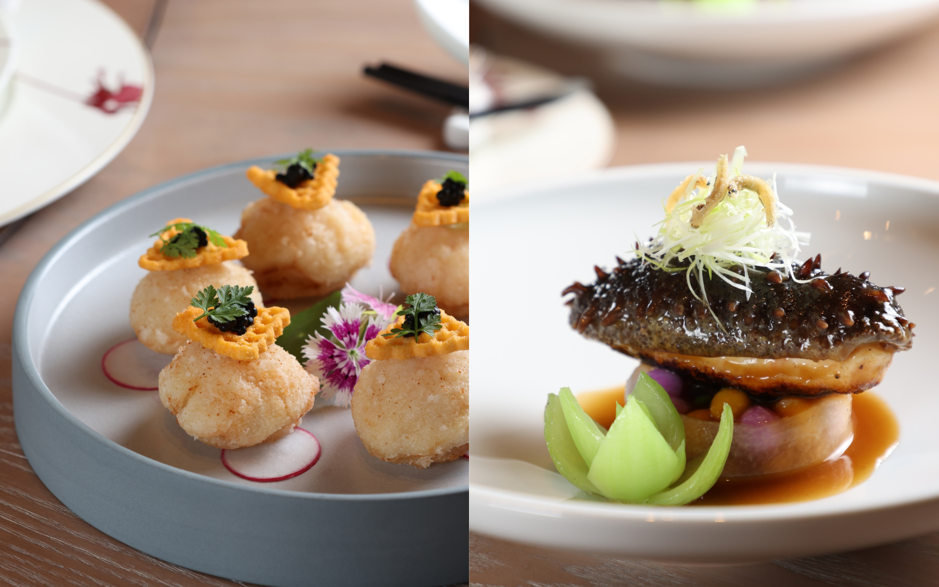 「皇豪中餐廳」的招牌料理「魚子龍帶玉梨香」（左）及「烏龍吐珠佐脆小魚」（右），充滿巧思，手法細膩。