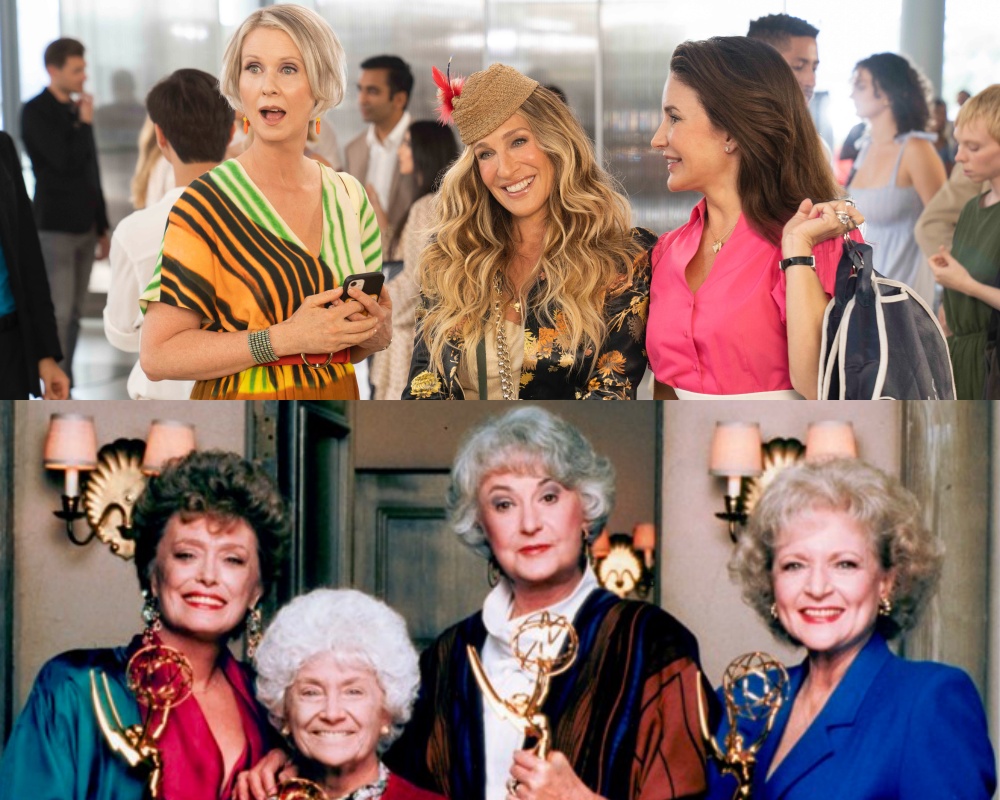 《慾望城市：人生下半場》（上）主角們的年紀，其實比《黃金女郎》（下）的主角們還要大一歲。（HBO GO、Fandom Events提供）