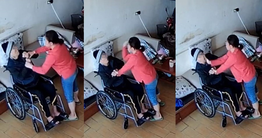 雲林一名越南籍看護照顧行動不便的阿公，竟屢次甩耳光、巴頭。（翻攝影片）