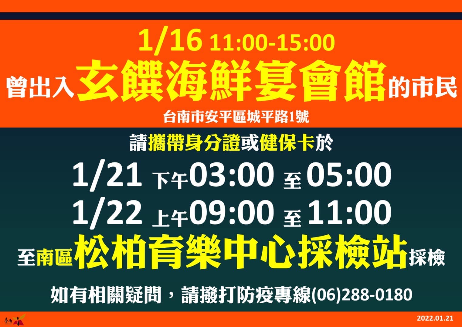 台南市呼籲，與確診者足跡重疊者儘快去篩檢。（台南市府提供）