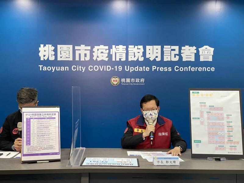 鄭文燦說明,遠雄貿易港公司相關採檢匡列情形。(桃園市府提供)