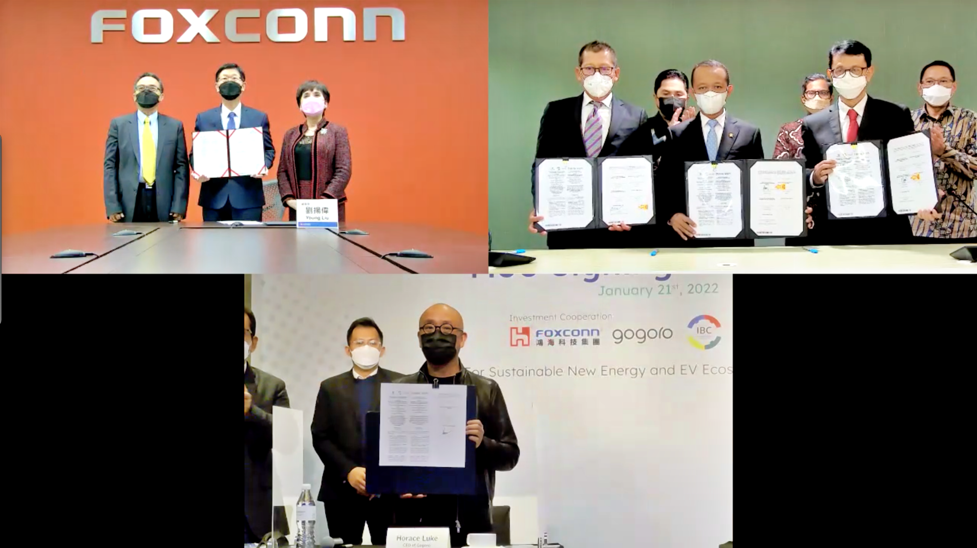 鴻海科技集團與印尼投資部、印尼電池公司、Indika能源公司和Gogoro簽署合作備忘錄,共同聚焦在電池及電動車相關產業鏈,希望在印尼開發永續的新能源生態鏈。簽署現場與會人員左上視窗由左自右分別為鴻海科技集團黃德才財務長、劉揚偉董事長、黃秋蓮總財務長;右上視窗,前排由左自右Indika 公司Azis副總裁、印尼投資部長/ BKPM主席Bahlil先生、IBC公司Toto總裁;中間下方視窗為Gogoro陸學森執行長。(鴻海提供)