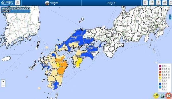 日本九州宮崎縣東側海域(日向灘)當地時間22日凌晨1時08分發生地震。(翻攝自日本氣象廳)