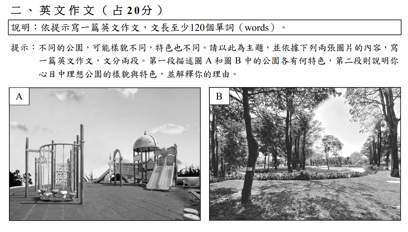 英文作文題目要考生敘述公園特色與理想之公園，考驗考生創意。（翻攝自大考中心官網）