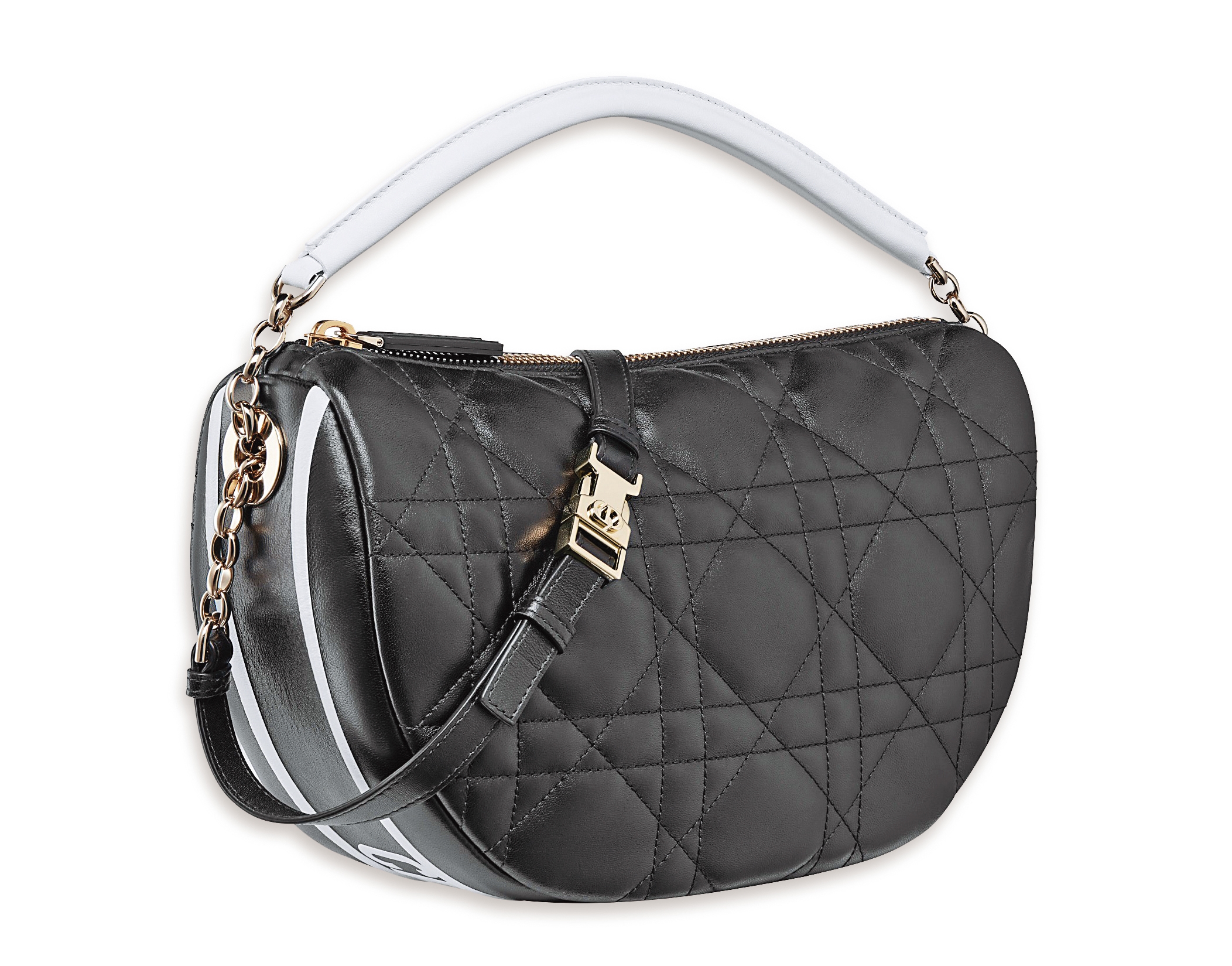 DIOR Vibe系列黑色羊皮籐格紋與白色提把中型Hobo包 NT$110,000（DIOR提供）