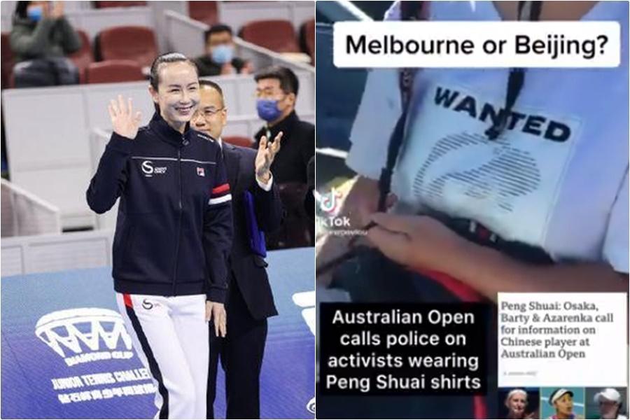 澳洲網球公開賽近日開打,一名球迷穿著「Where is Peng Shuai?(彭帥在哪裡)」T恤入場觀賽,但卻被現場保全要求換掉衣服。(翻攝Avi Yemini推特、中網ChinaOpen微博)