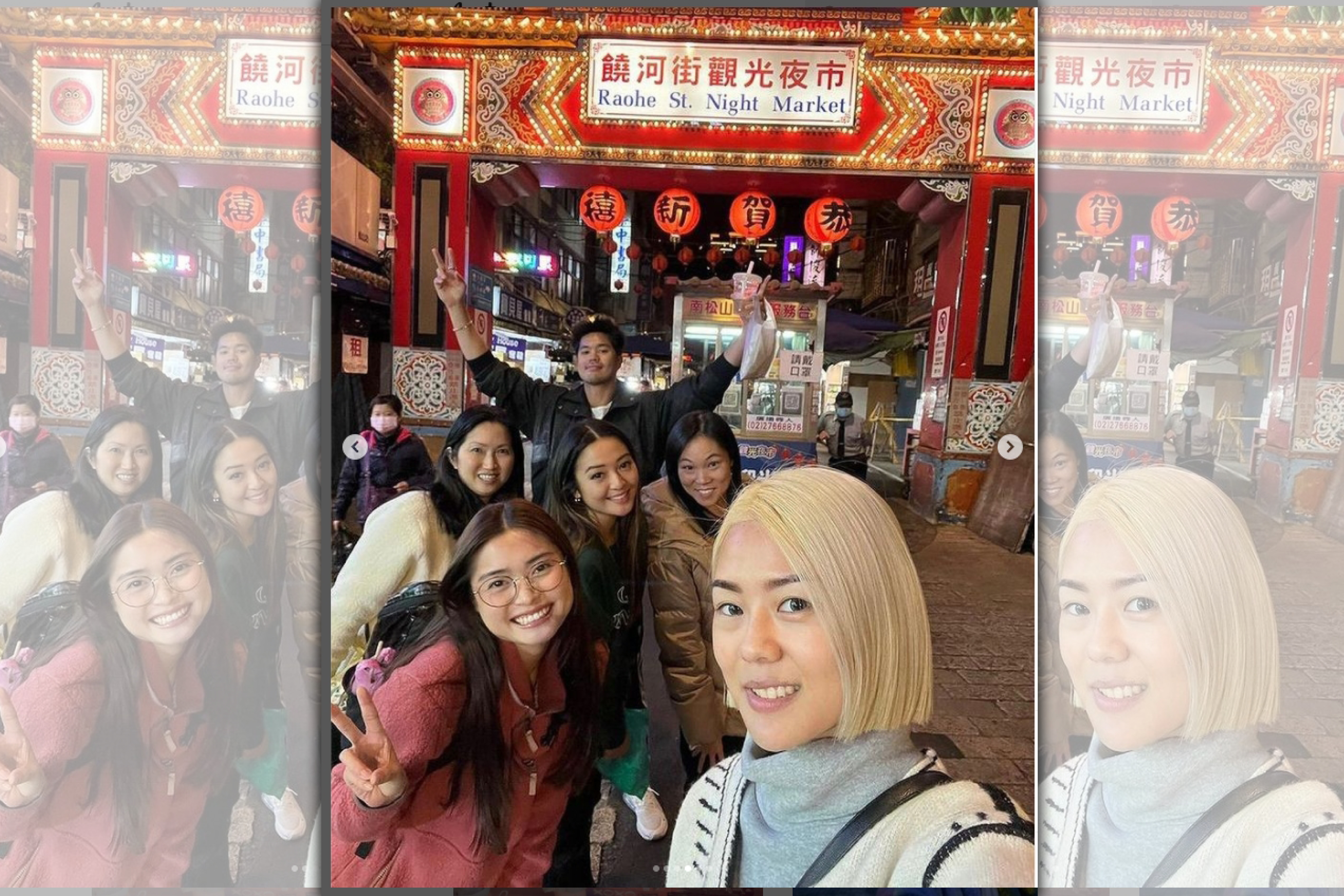 主要演員廖艾莉（前排左）、張喬星（中排中）、監製邢立美（中排右）和羅斯巴特勒（後排）收工後與朋友逛饒河街夜市，廖艾莉的母親（中排左）也隨行。 （翻攝自IG_abigailhingwen）