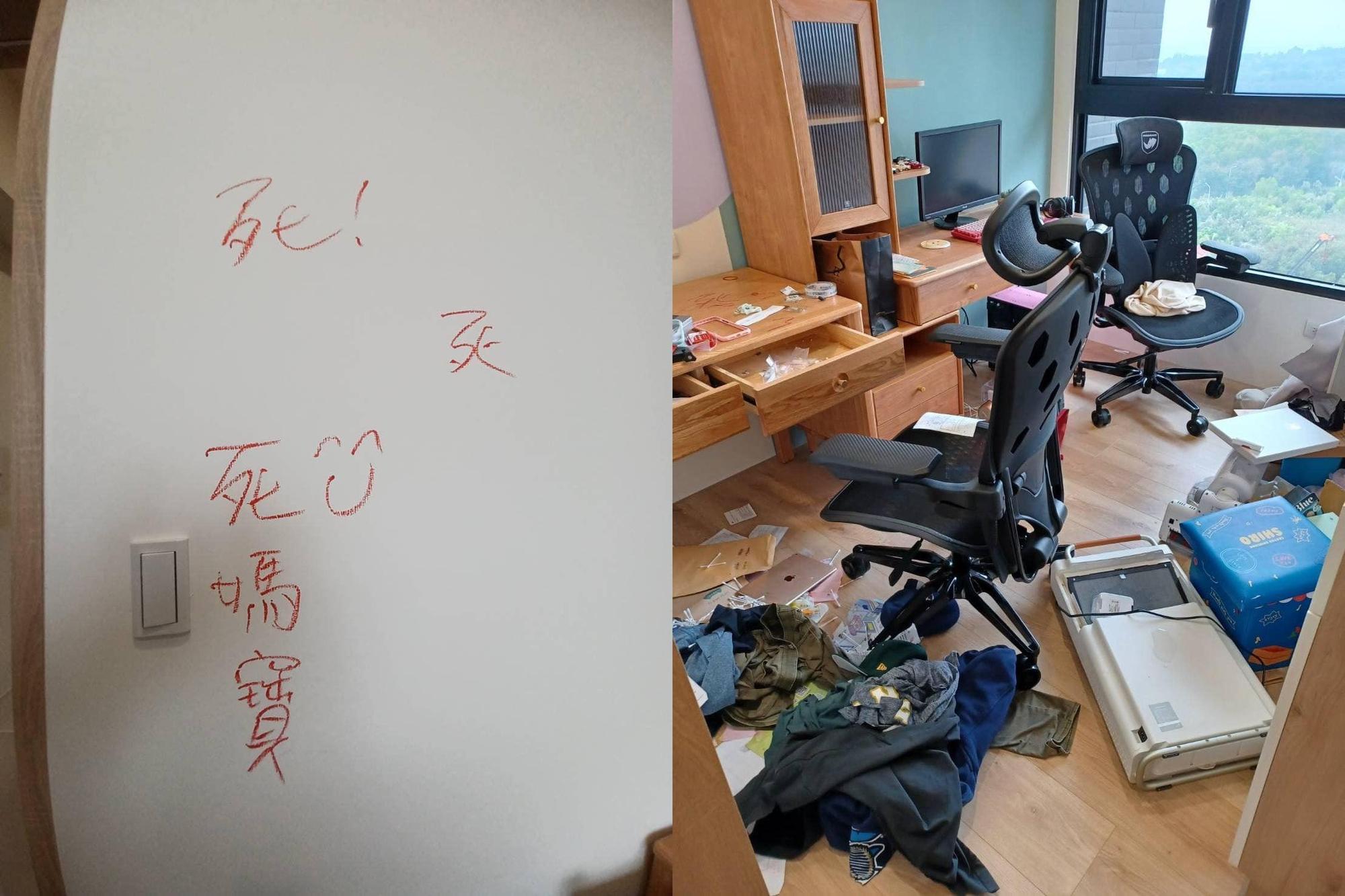 台南Josh的前妻Amber破壞新家，甚至在牆上留下死媽寶等字樣。（翻攝自巴毛律師混酥團臉書）