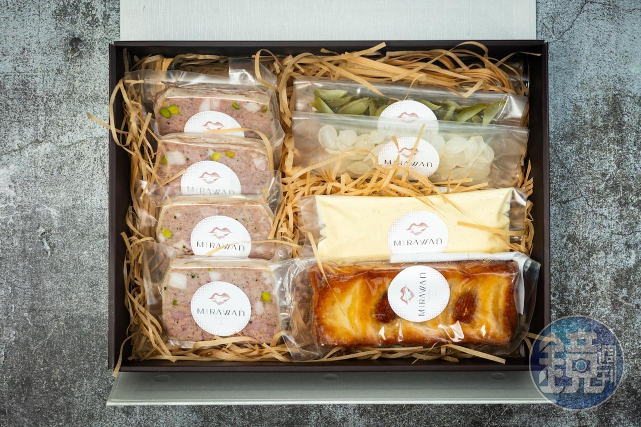 法式餐廳「MiraWan」禮盒可客製化組合肉派及甜點，包裝簡約，送禮大方。