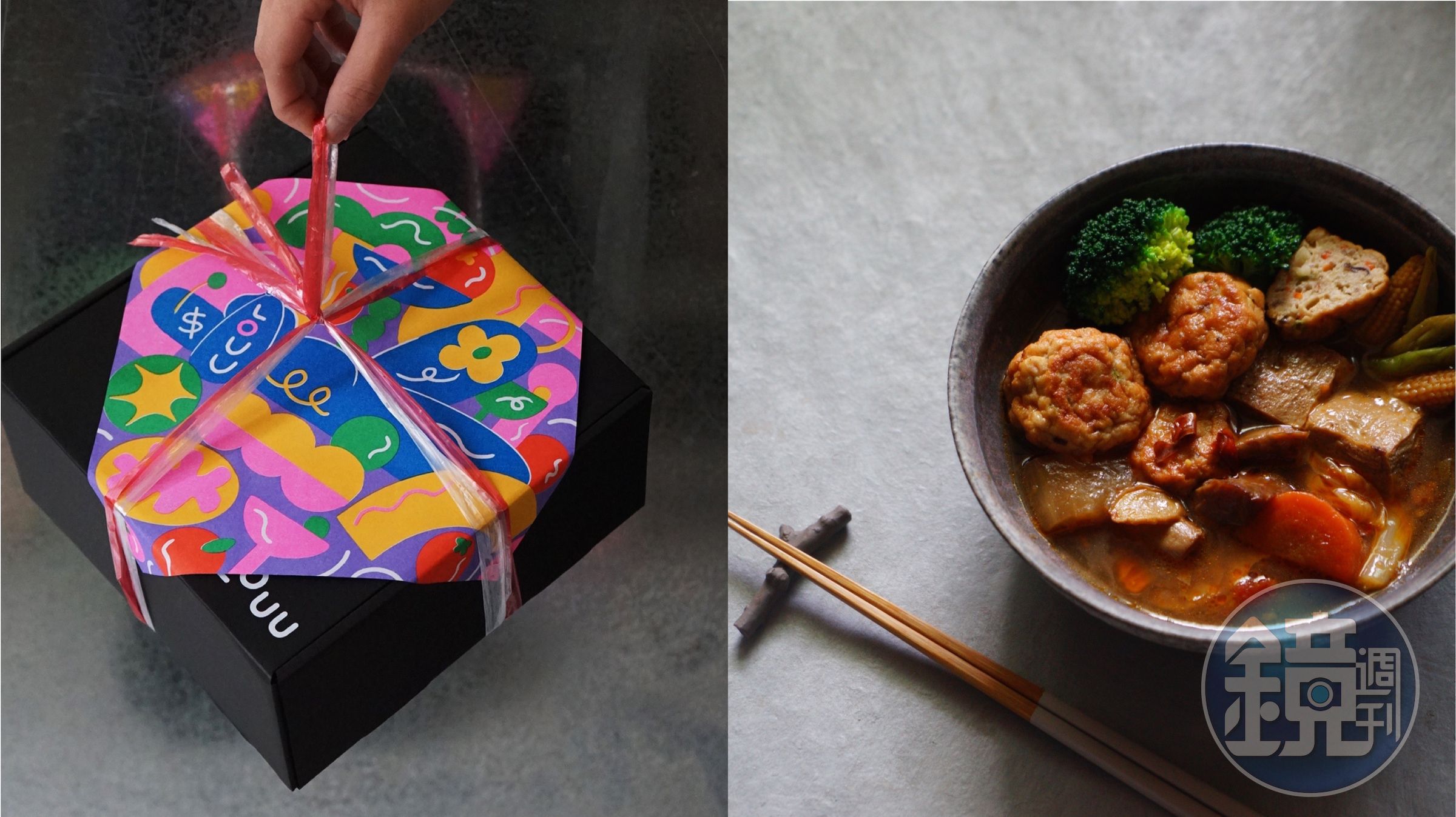 保存食品牌LOUU（左）推出「山海禮盒」、蔬食品牌「丰土植地」（右）推出麻辣獅子頭。（LOUU、丰土植地提供）