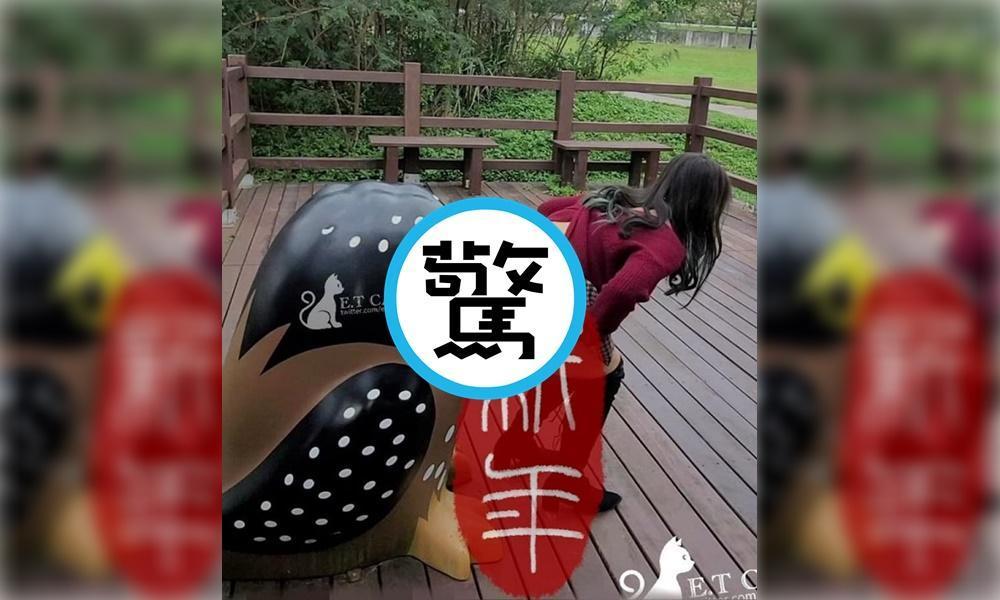 有女子在鶯歌知名景點的山水步道,對一旁的裝置藝術做不雅動作。(翻攝臉書「爆料公社」)