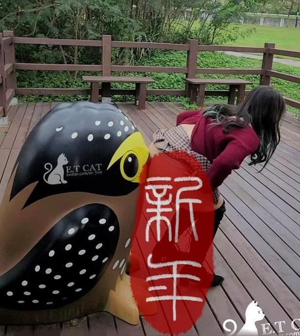 女子竟當眾掀裙,把屁股露出來頂在裝置藝術的鳥嘴上。(翻攝臉書「爆料公社」)