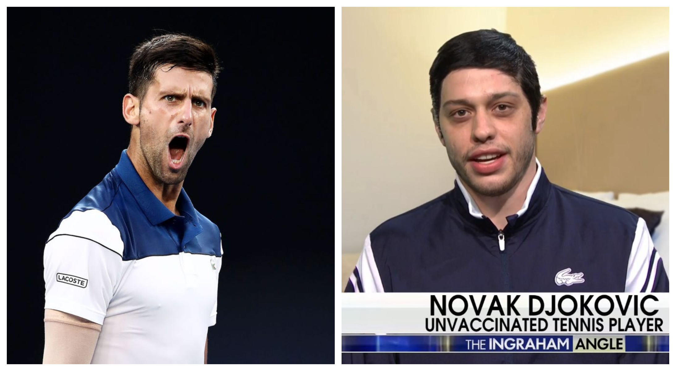 喬科維奇（左圖）因未打疫苗遭澳洲遣返，變成《週六夜現場》惡搞橋段（右圖）。（翻攝familydjokovic推特、SNL畫面）