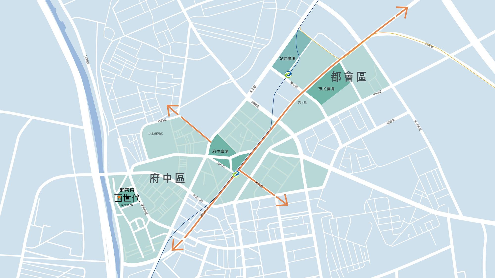 「府中雙城」雙軸指的是東西向的縣民大道、南北向的重慶路及北門街,3廣場則是府中、市民及站前等3廣場。