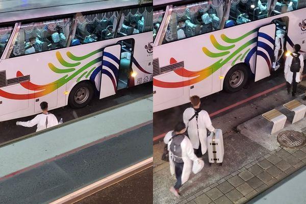 高雄左營某牛排館昨晚召集20多名員工,在店門口穿上隔離衣後搭上專車離開。(翻攝自臉書記者爆料網)