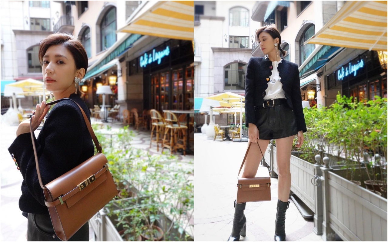 賈靜雯搶先穿上SAINT LAURENT 2022春季女裝系列，手上的虎年限定MANHATTAN焦糖褐色曼哈頓小型法棍包是吸睛焦點。（SAINT LAURENT提供）