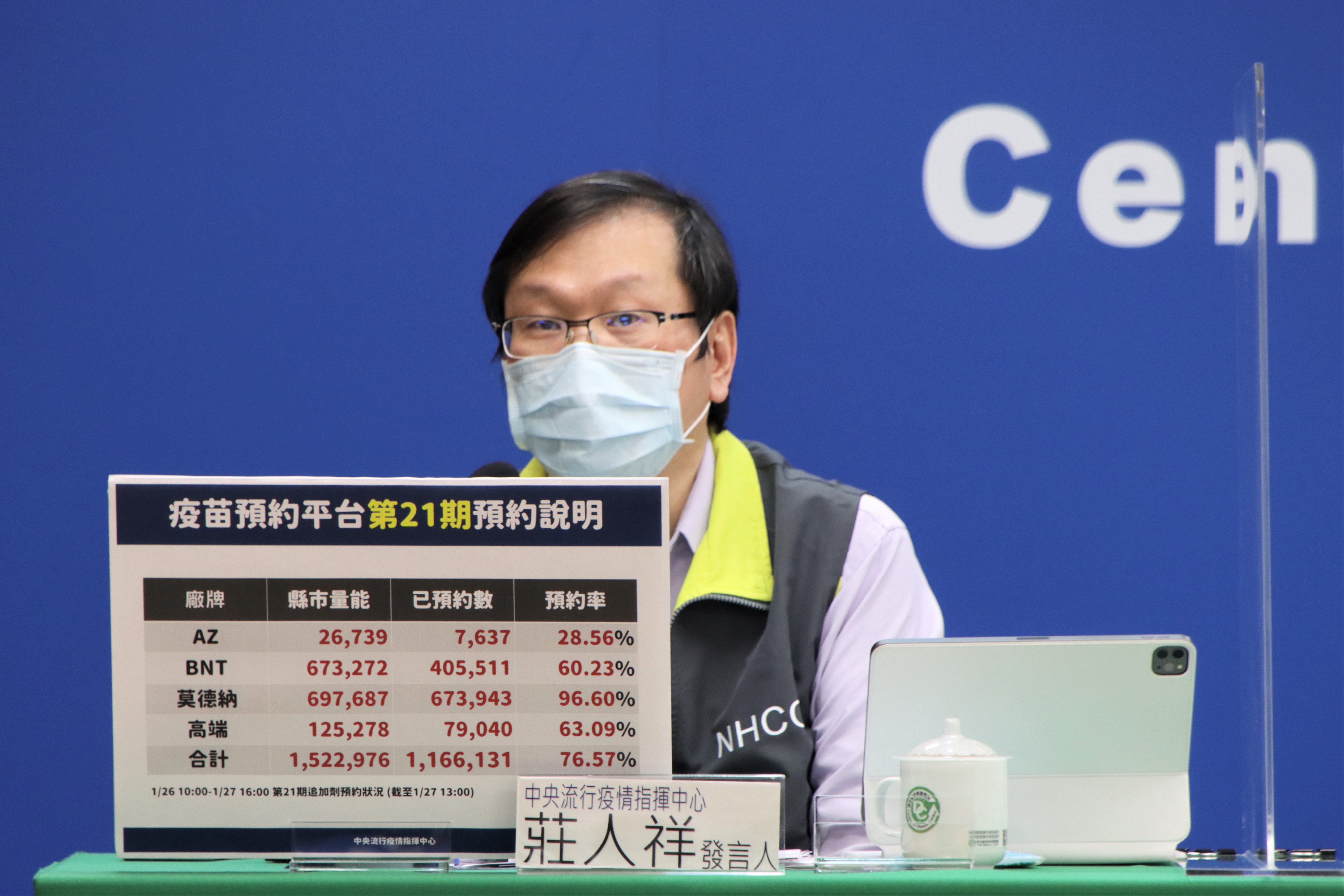 莊人祥公布疫苗預約進度。（指揮中心提供）