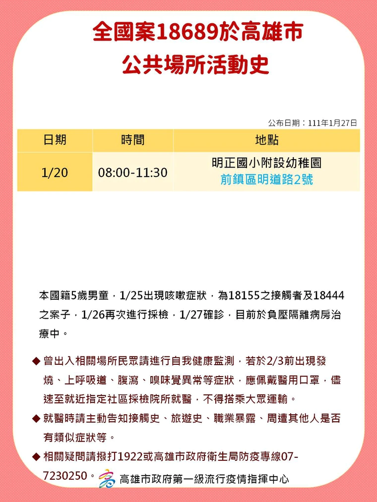5歲男童(案18689)於20日曾前往明正國小附設幼稚園。(高雄市府提供)