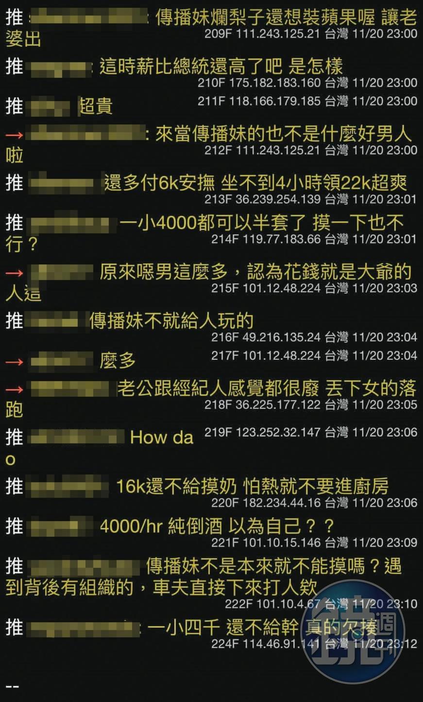 警方召開記者會後，許多網友用不堪的字眼留言霸凌傳播妹Ｗ女。（讀者提供）