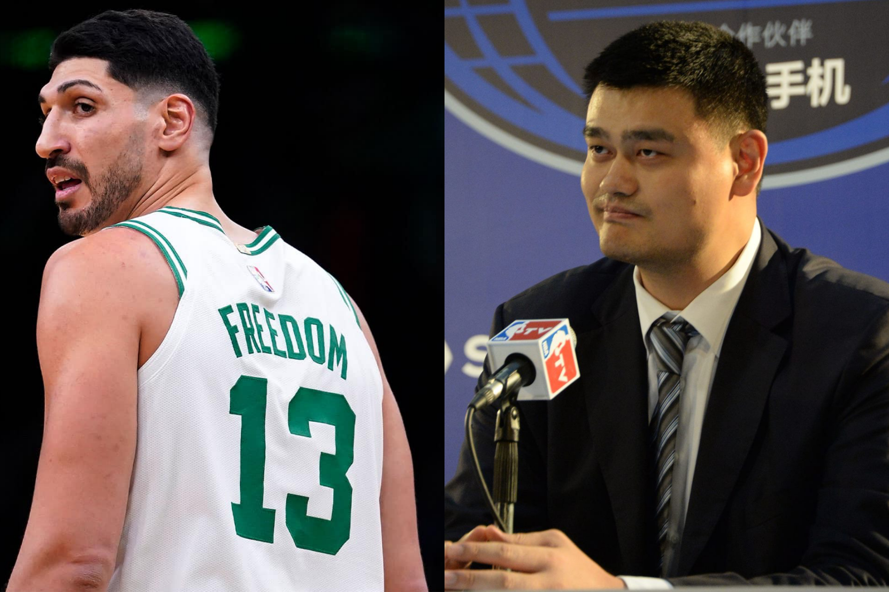 NBA球星坎特(左)多次開嗆姚明(右),近日又在臉書PO出自己說姚明小心眼的影片。(翻攝自Enes Kanter、姚明 Yao Ming臉書)