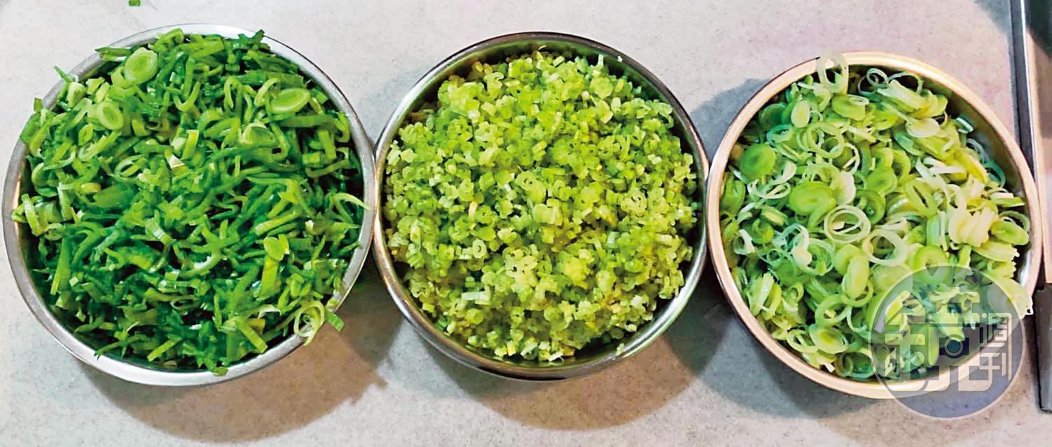青蒜苗白切末，苗綠切末，芹菜莖近根部分切大段。