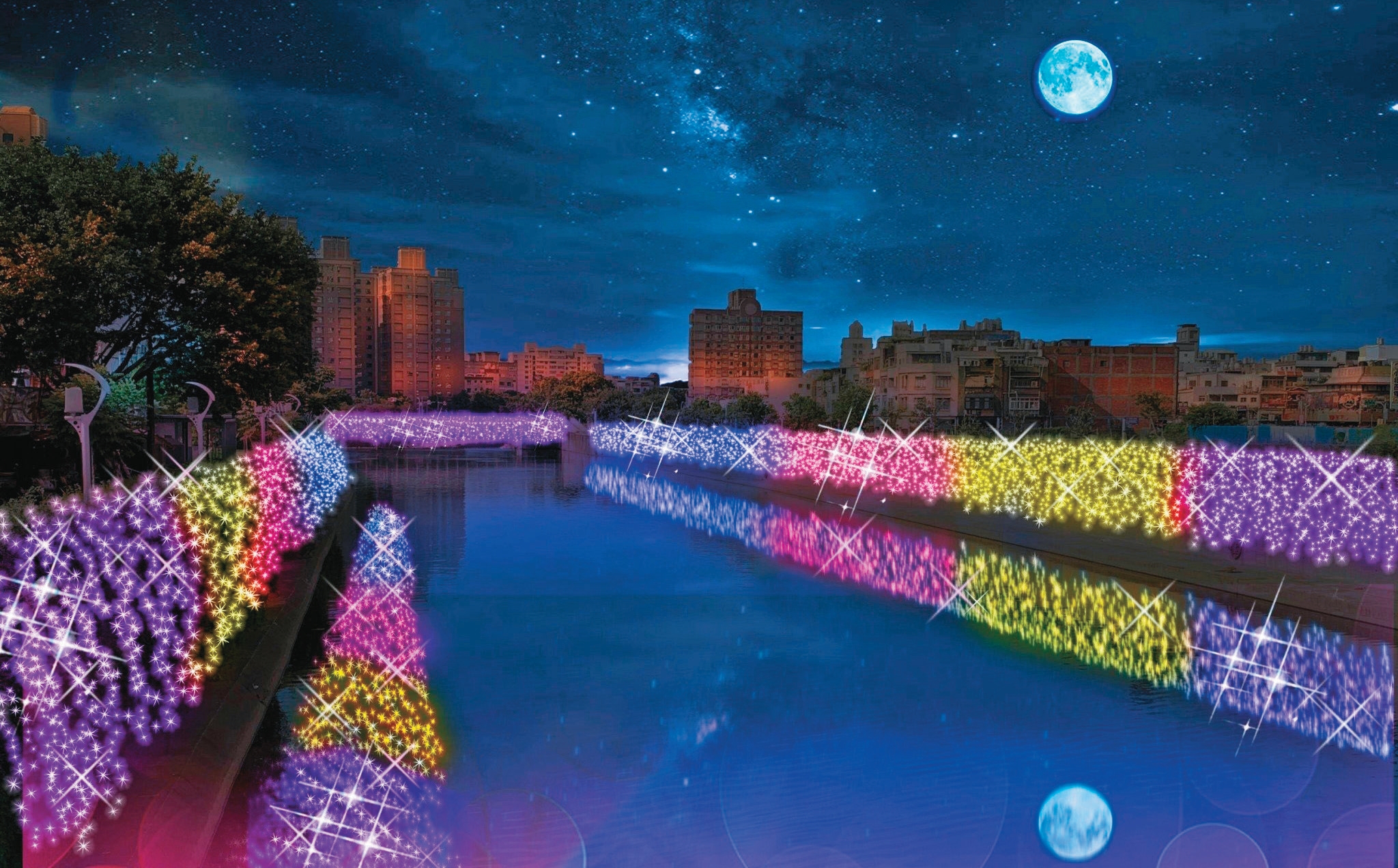 「銀河水岸」燈作透過多層次手法,在老街溪畔打造出絢爛光廊,亦伴隨著悠悠樂曲顯現客家文化內涵。(桃園市政府提供)