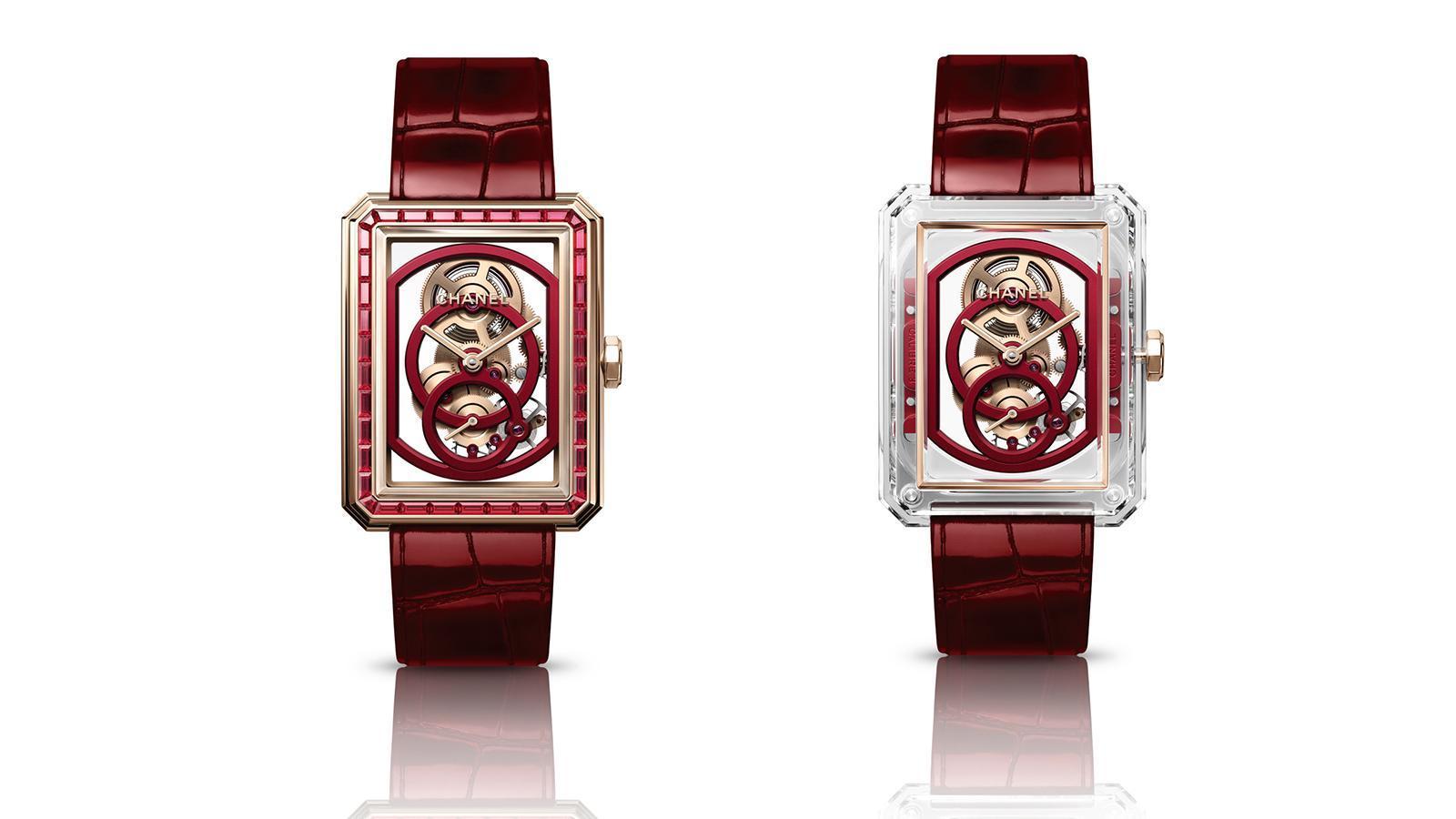 Red Edition包含兩款Boy·Friend錶款，左邊是18K Beige米色金錶殼搭配紅寶石錶圈的呈現，右邊則是X-Ray款式的藍寶石水晶錶殼概念延伸。