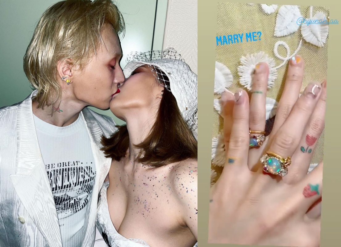 DAWN（左圖左）向泫雅（左圖右）求婚成功，粉絲超開心。（合成照片，翻攝DAWN IG）