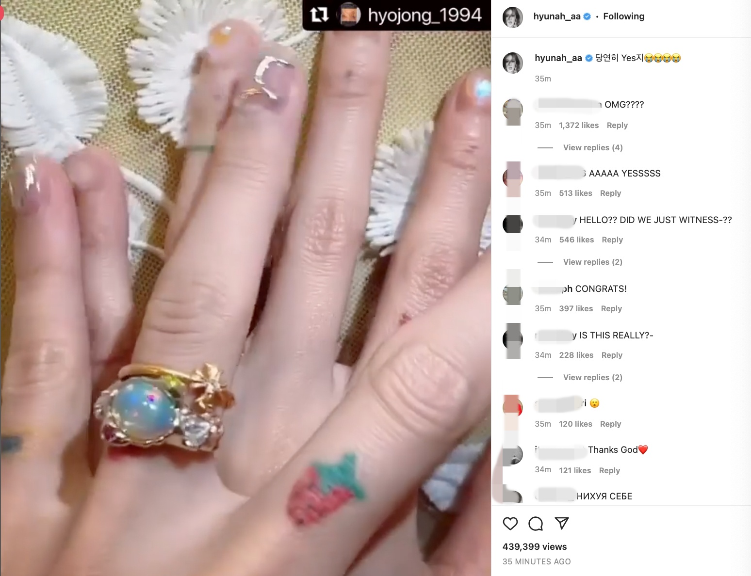 泫雅被求婚寫下「當然說YES啦！」(截圖自泫雅IG）
