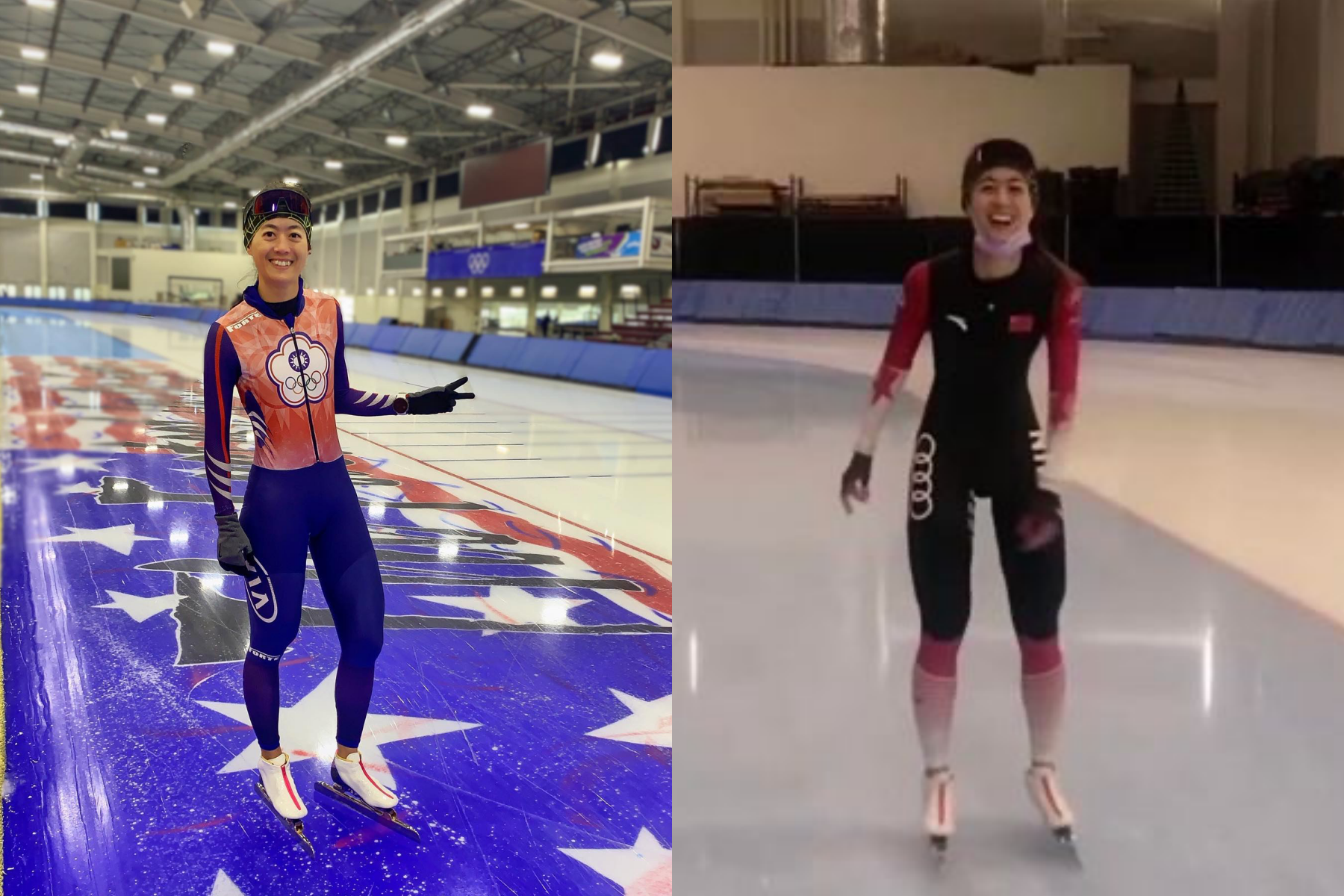 我國競速滑冰選手黃郁婷因在北京冬奧前夕因PO出身穿中國隊服練習的影片（右圖），又發文稱「在運動屆（界）裡，我們沒有國籍之分」引起不小爭議。（翻攝自黃郁婷臉書、IG）
