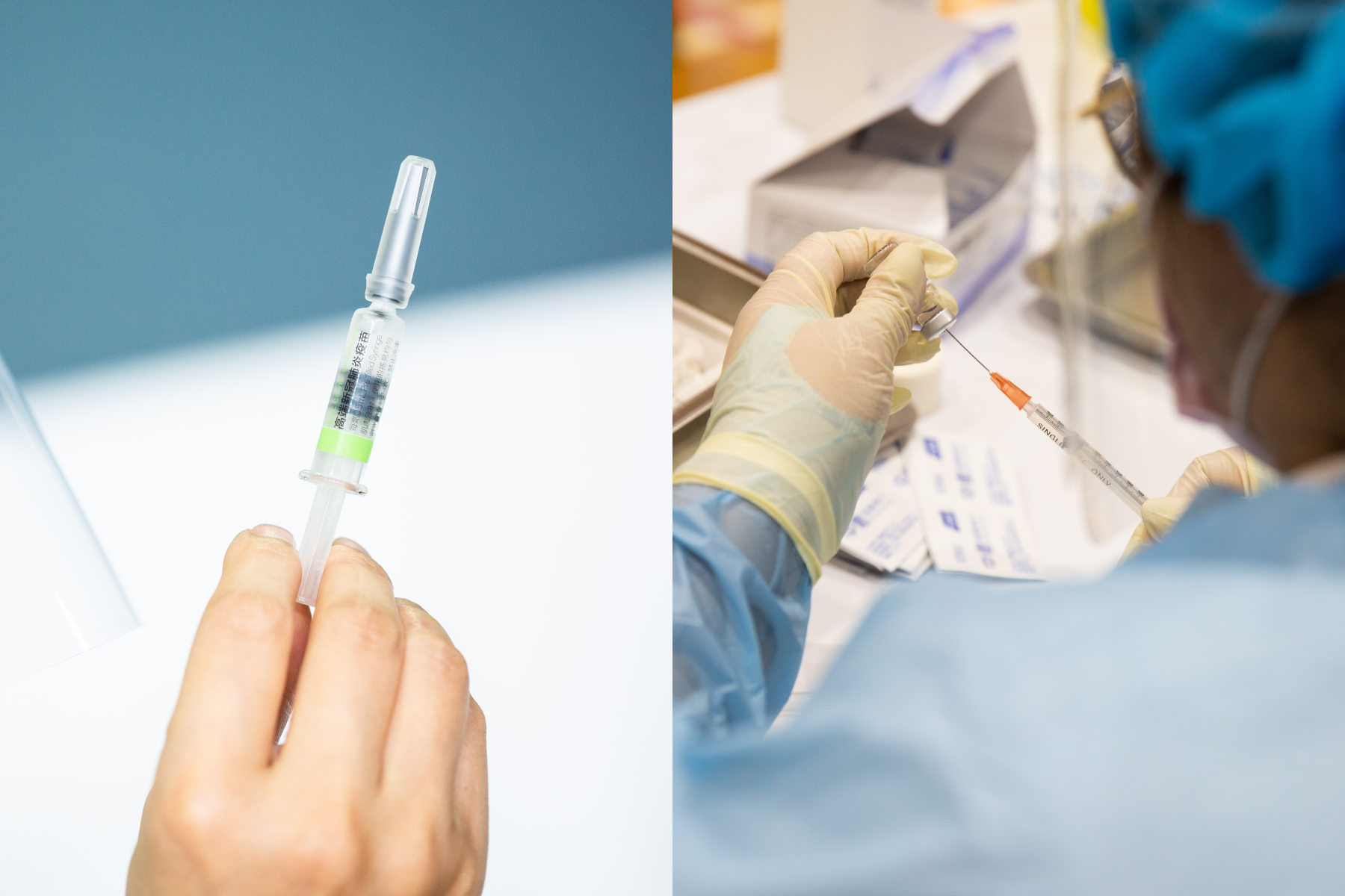 北市加開BNT（右圖）與高端（左圖）疫苗預約，符合資格的民眾可以上網預約或進行現場掛號。（本刊資料照）