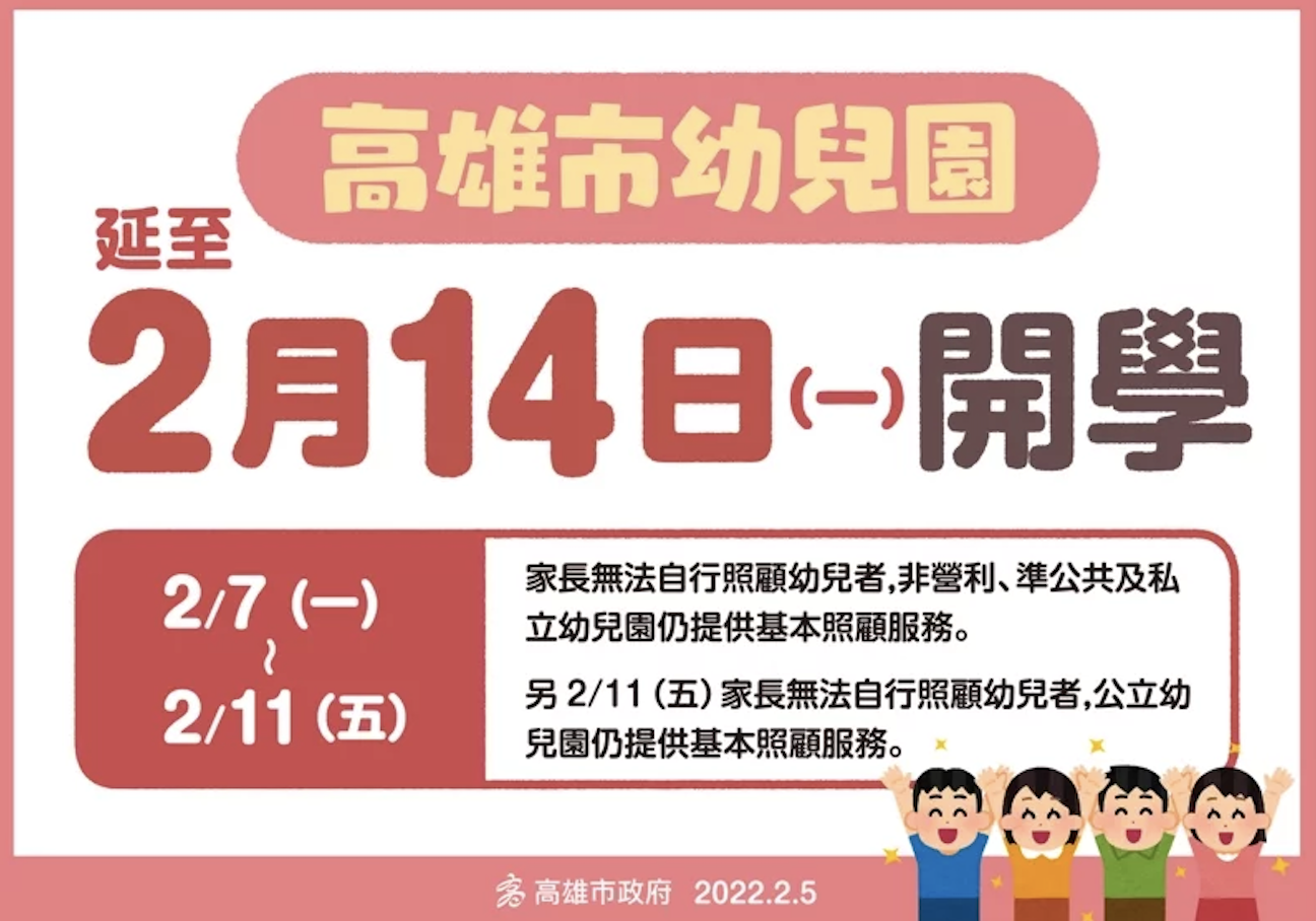 高雄宣布幼兒園延至2月14日開學。（高雄市政府提供）