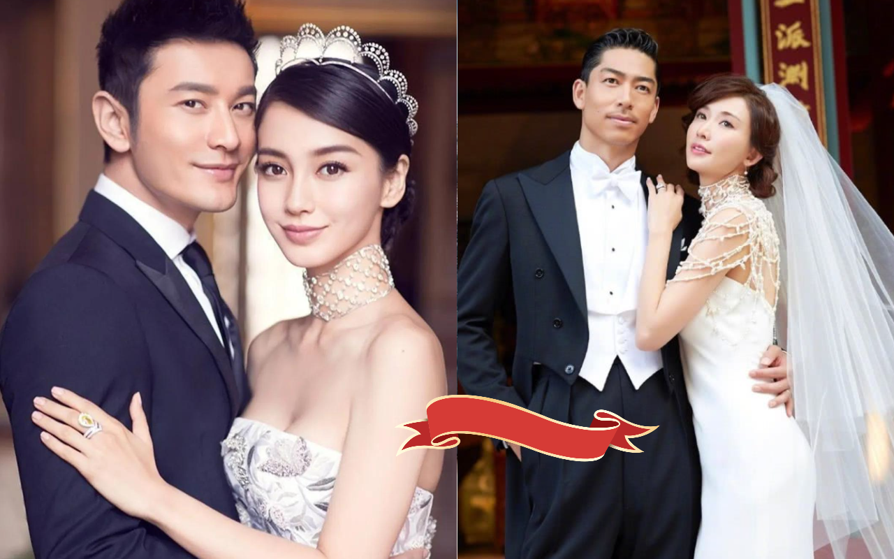 黃曉明(左圖左)、Angelababy(左圖右)官宣離婚,而在他們婚禮上接到捧花的林志玲(右圖右)與Akira(右圖左)則喜迎第一胎。(黃曉明工作室、林志玲工作室提供)