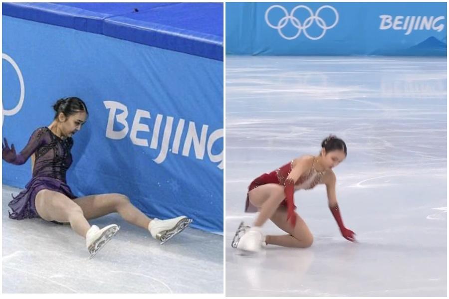中國女子滑冰選手朱易連2天發生落地失誤摔倒,慘遭中國網民出征。(翻攝自推特)
