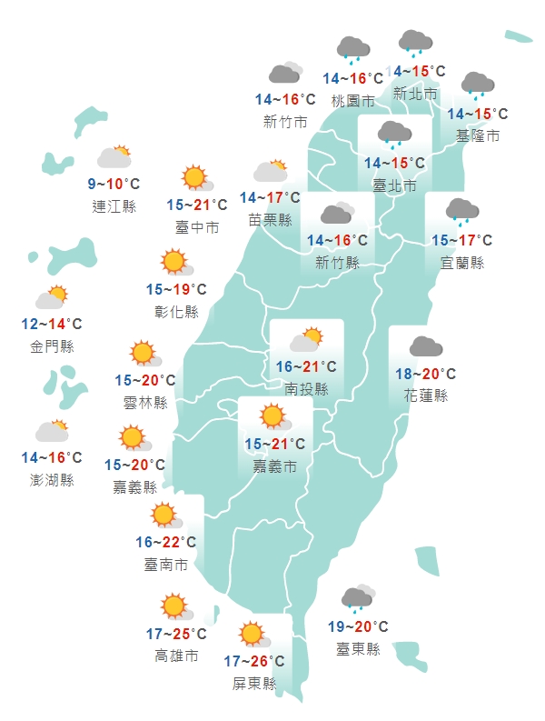 中央氣象局預測明日白天各地天氣狀況。（中央氣象局提供）