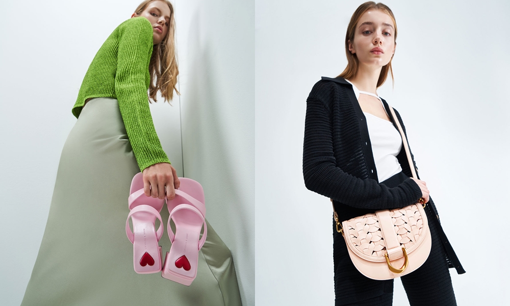 〈左起〉Amora雙帶高跟拖鞋NT$1,690、粉色Gabine編織馬鞍包NT$2,490。〈CHARLES & KEITH提供〉