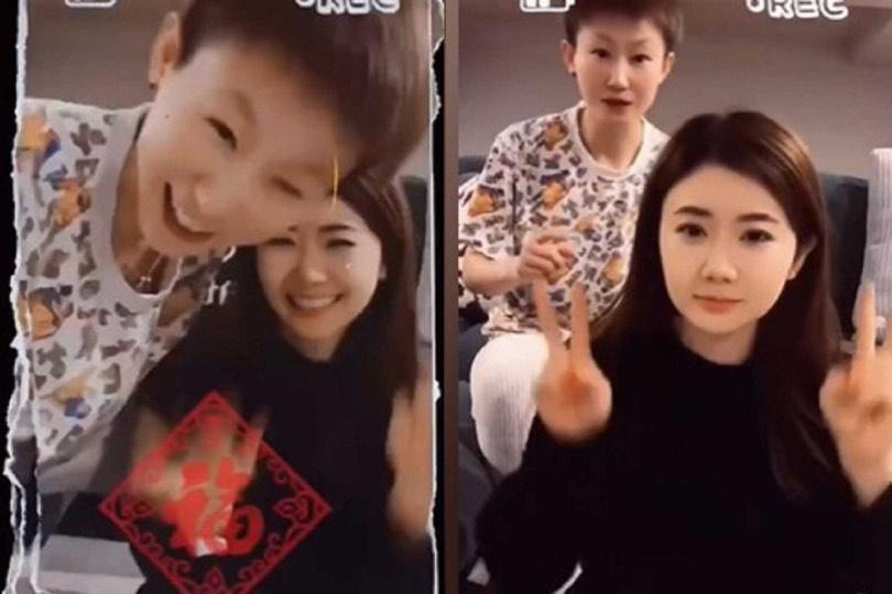 福原愛（右）與陪練金惠美（左）一同入鏡抖音。（翻攝自抖音）