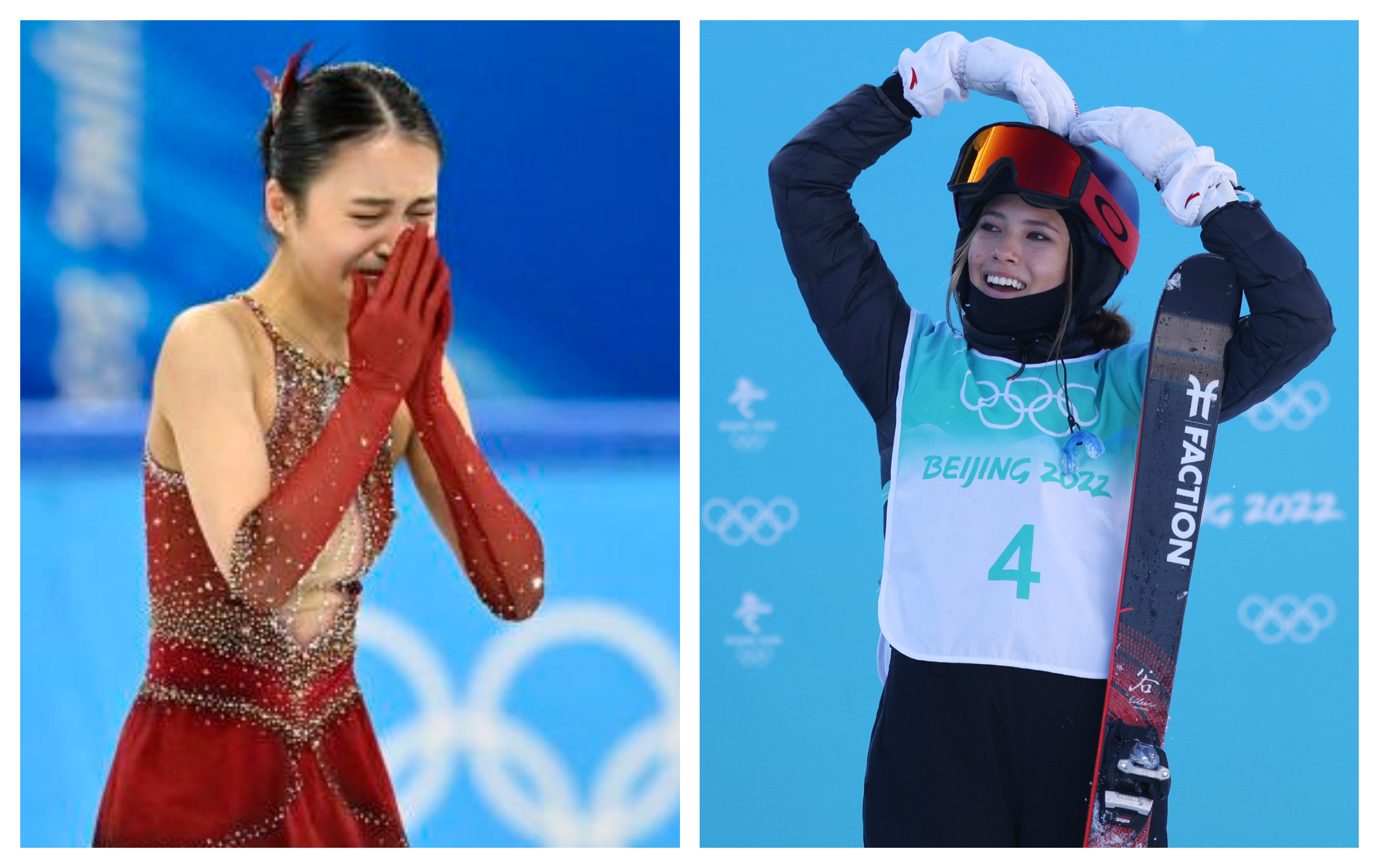 朱易（左圖）失誤後淚灑賽場，谷愛凌（右圖）今奪金後給予鼓勵。（翻攝realdearchina推特、北京2022年冬奧會微博）