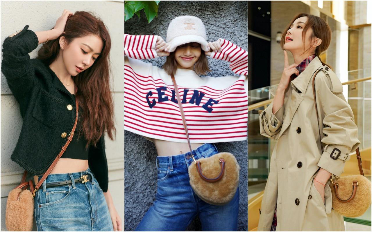 (左起)薛凱琪、LISA、蔡卓妍早已被CELINE Cuir Tambour心型絨毛包款圈粉。NT$69,000。(CELINE提供)
