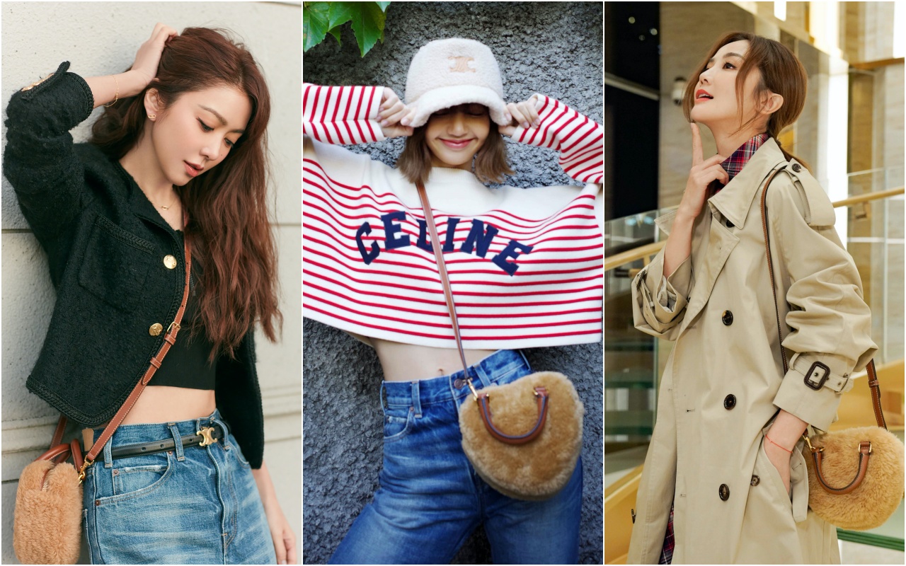 （左起）薛凱琪、LISA、蔡卓妍早已被CELINE Cuir Tambour心型絨毛包款圈粉。NT$69,000。（CELINE提供）