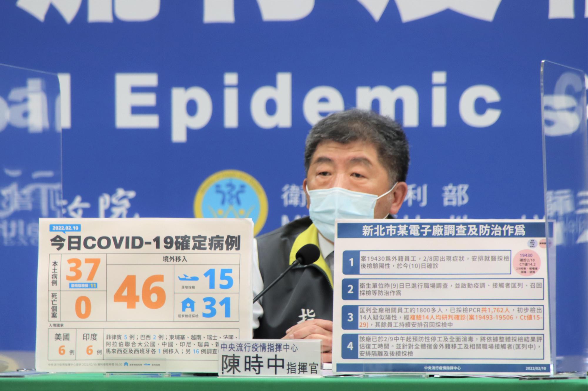 指揮中心公布今本土新增37例本土,指揮官陳時中坦言,較擔心本土中有2、3個群聚出現。(指揮中心提供)